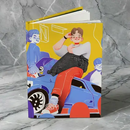 Cartoon Kids Sitting On Blue Car Yellow