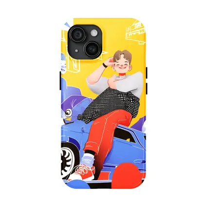 Cartoon Kids Sitting On Blue Car Yellow