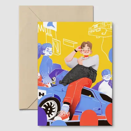 Cartoon Kids Sitting On Blue Car Yellow
