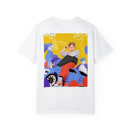 Cartoon Kids Sitting On Blue Car Yellow