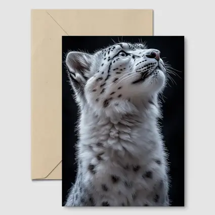 Snow Leopard Cub Looking Up Dark Background