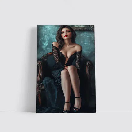 Elegant Woman Black Lace Dress Vintage Chair