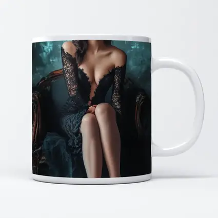 Elegant Woman Black Lace Dress Vintage Chair