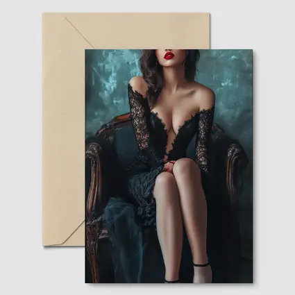 Elegant Woman Black Lace Dress Vintage Chair
