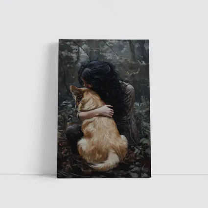 Woman Hugging Golden Dog Forest Painting