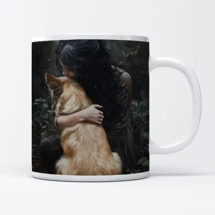Woman Hugging Golden Dog Forest Painting