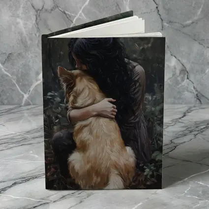 Woman Hugging Golden Dog Forest Painting