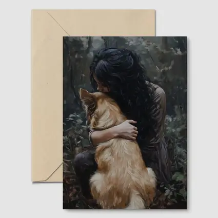 Woman Hugging Golden Dog Forest Painting