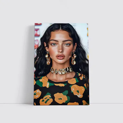 Young Woman Gold Jewelry Floral Print Portrait