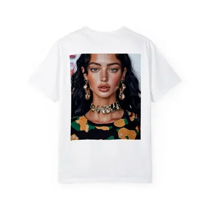 Young Woman Gold Jewelry Floral Print Portrait