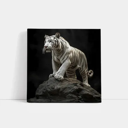 White Tiger Standing On Rock Dark Background