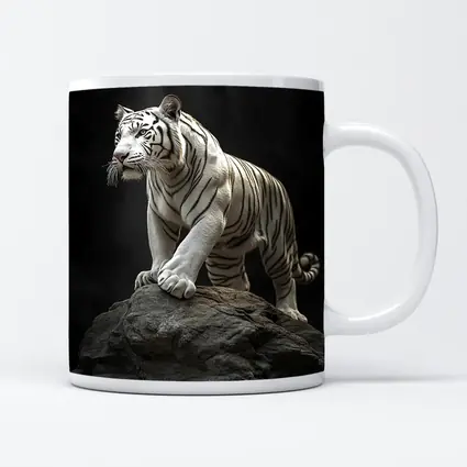 White Tiger Standing On Rock Dark Background