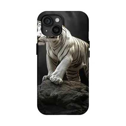 White Tiger Standing On Rock Dark Background