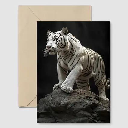White Tiger Standing On Rock Dark Background
