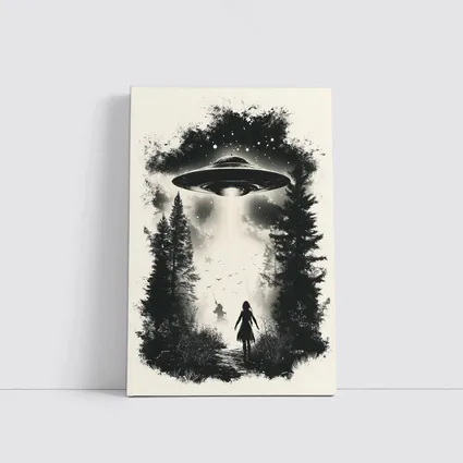 UFO Abduction Girl Forest Black White Art