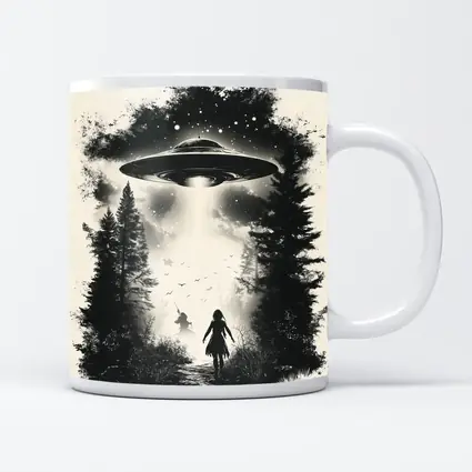 UFO Abduction Girl Forest Black White Art
