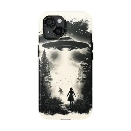 UFO Abduction Girl Forest Black White Art