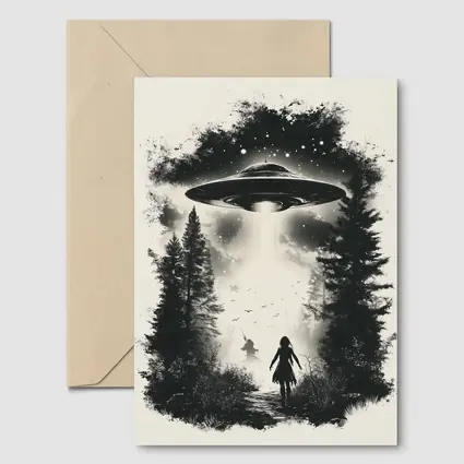 UFO Abduction Girl Forest Black White Art
