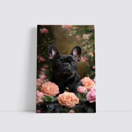 Black French Bulldog Among Pink Roses