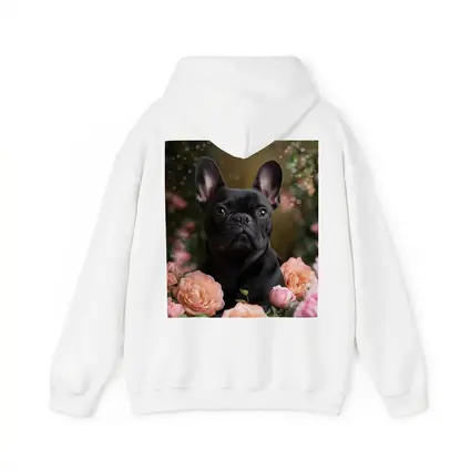 Black French Bulldog Among Pink Roses