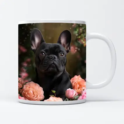 Black French Bulldog Among Pink Roses