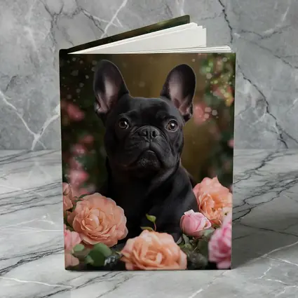 Black French Bulldog Among Pink Roses