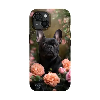 Black French Bulldog Among Pink Roses