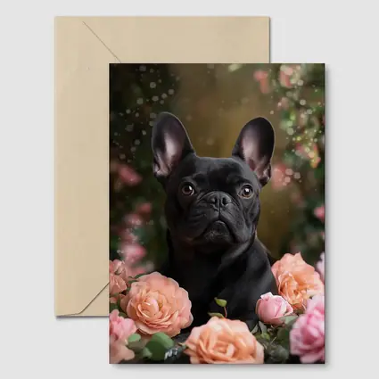 Black French Bulldog Among Pink Roses