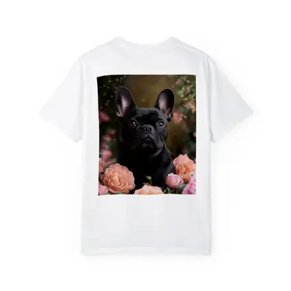 Black French Bulldog Among Pink Roses