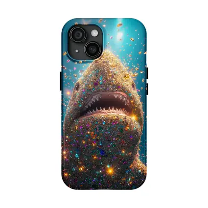 Glitter Shark With Colorful Gems Blue Background