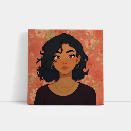 Cartoon Girl Portrait Floral Coral Background