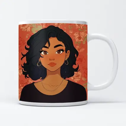 Cartoon Girl Portrait Floral Coral Background