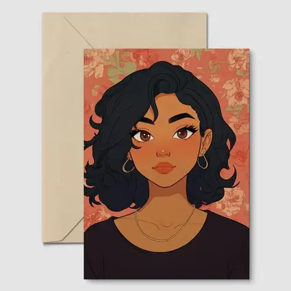 Cartoon Girl Portrait Floral Coral Background