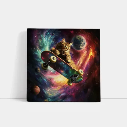 Kitten Riding Skateboard Through Colorful Galaxy