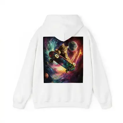 Kitten Riding Skateboard Through Colorful Galaxy