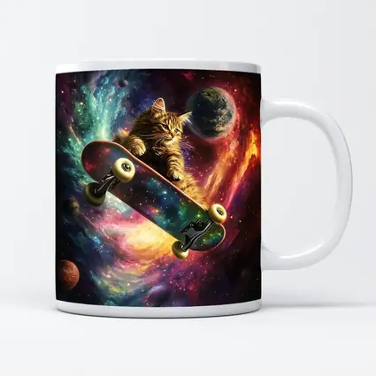 Kitten Riding Skateboard Through Colorful Galaxy