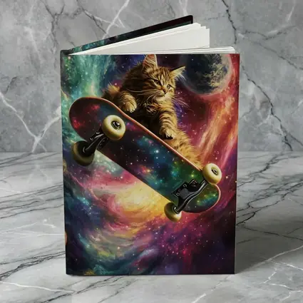 Kitten Riding Skateboard Through Colorful Galaxy