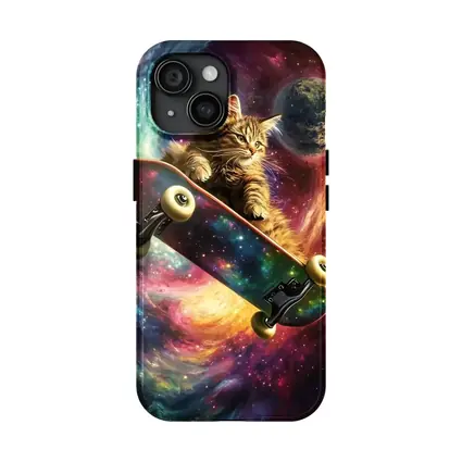 Kitten Riding Skateboard Through Colorful Galaxy