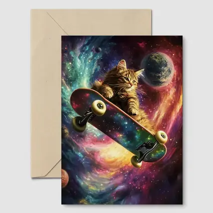 Kitten Riding Skateboard Through Colorful Galaxy