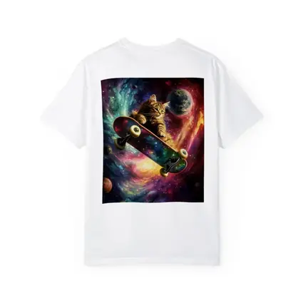 Kitten Riding Skateboard Through Colorful Galaxy