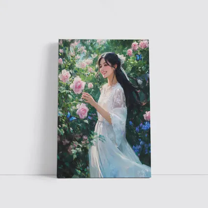 Young Woman Pink Roses Garden Blue Butterflies