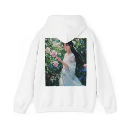 Young Woman Pink Roses Garden Blue Butterflies