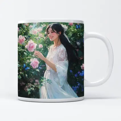 Young Woman Pink Roses Garden Blue Butterflies