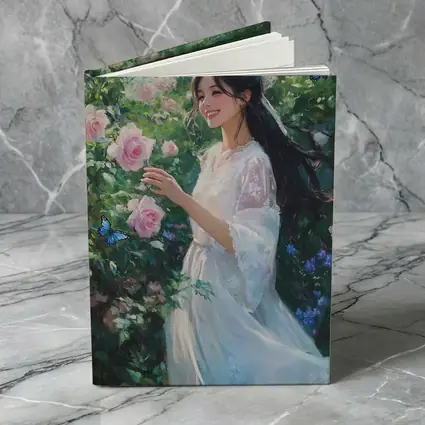 Young Woman Pink Roses Garden Blue Butterflies
