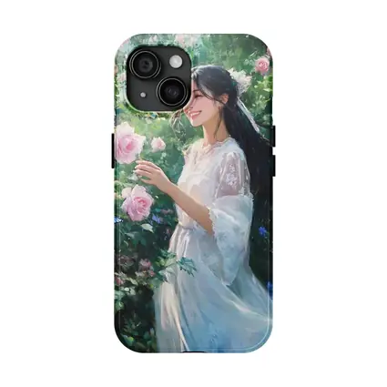 Young Woman Pink Roses Garden Blue Butterflies