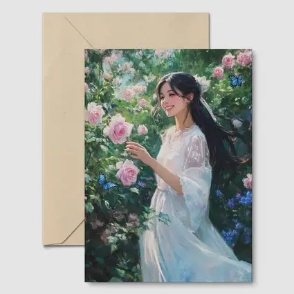 Young Woman Pink Roses Garden Blue Butterflies