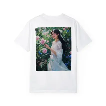 Young Woman Pink Roses Garden Blue Butterflies