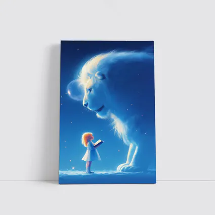 Girl and Glowing White Lion Blue Fantasy