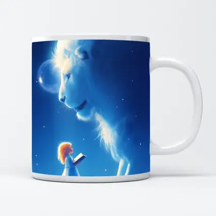 Girl and Glowing White Lion Blue Fantasy