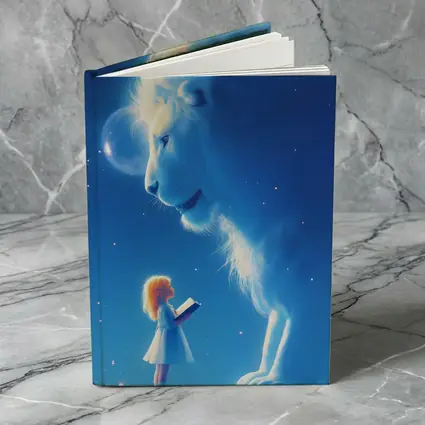Girl and Glowing White Lion Blue Fantasy